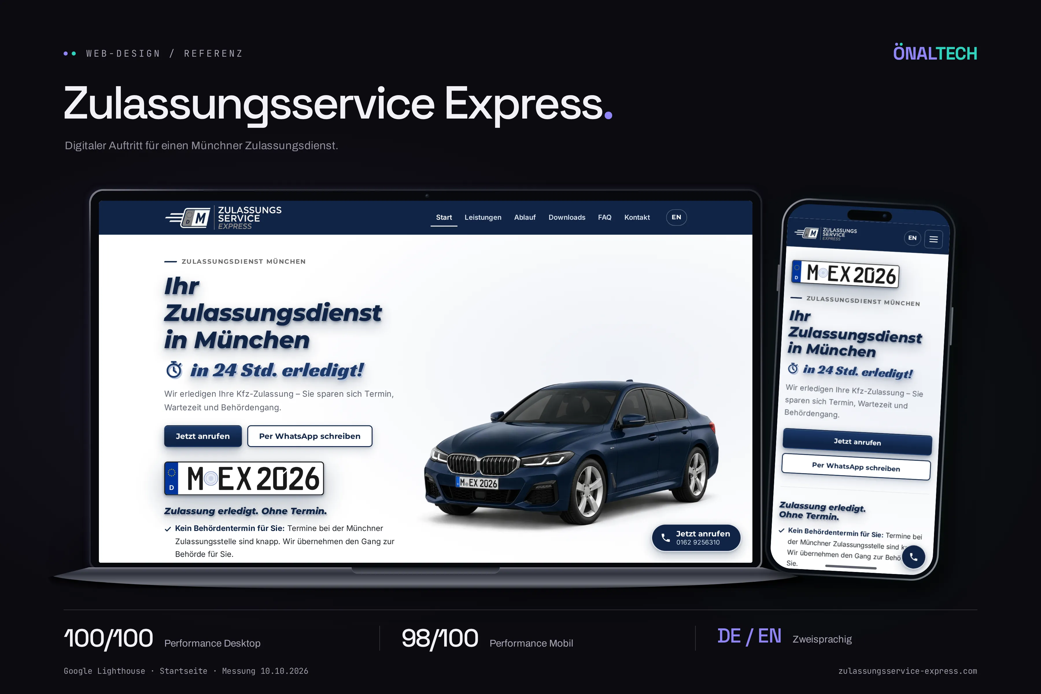 Website von Zulassungsservice Express auf Laptop und Smartphone: Startseite „Ihr Zulassungsdienst in München – in 24 Std. erledigt!“, darunter Lighthouse-Werte 100/100 Desktop und 98/100 mobil.