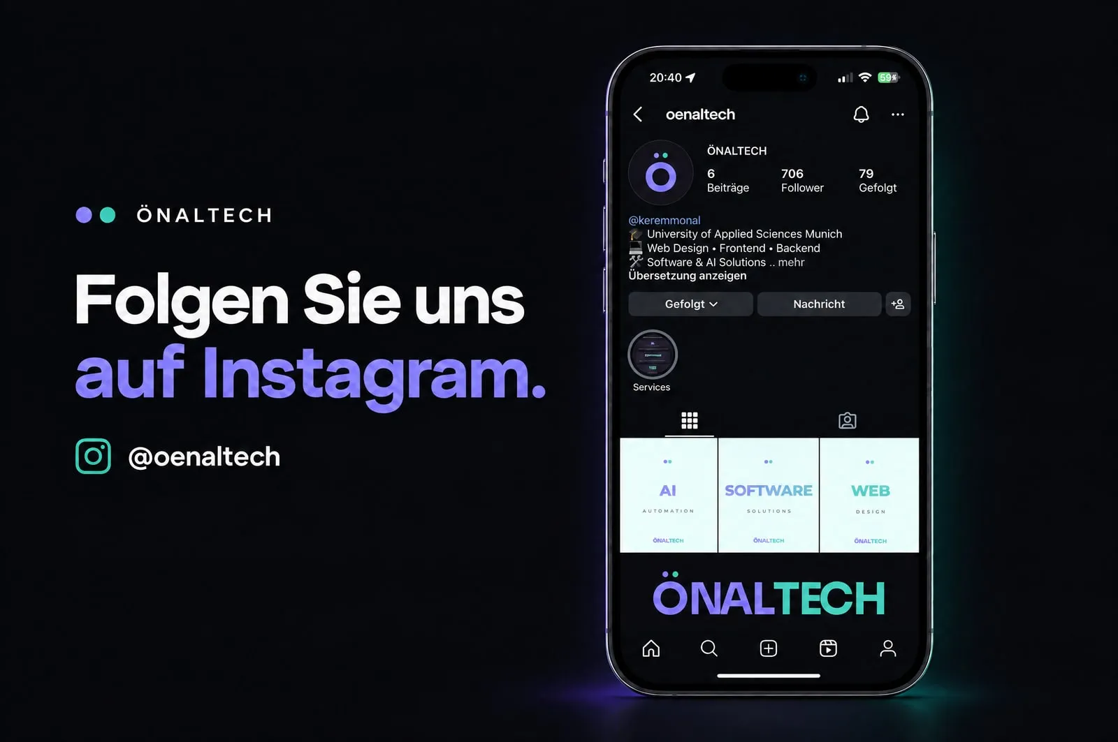 Folgen Sie uns auf Instagram: @oenaltech – Instagram-Profil von ÖNALTECH auf einem Smartphone
