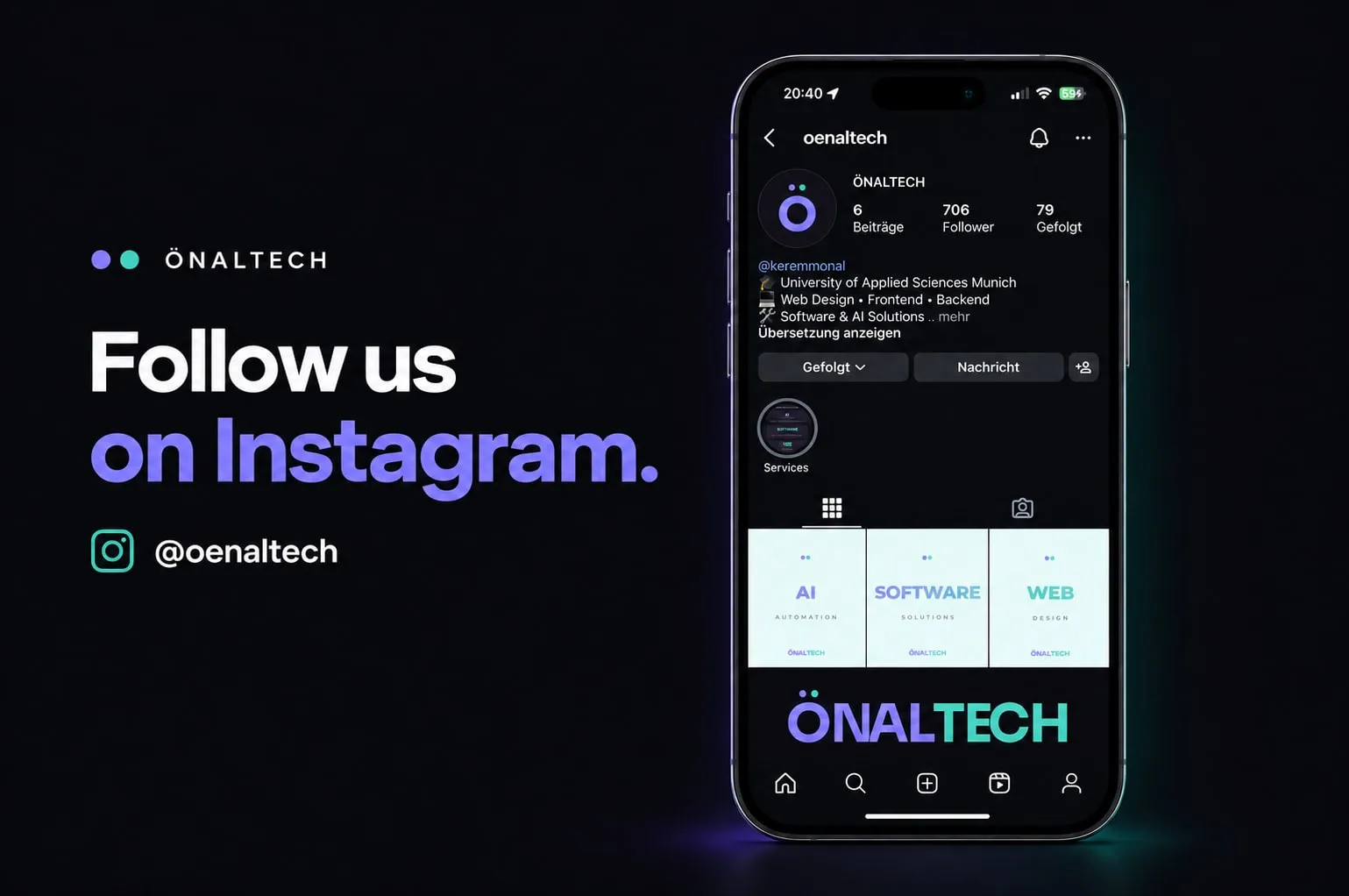 Follow us on Instagram. @oenaltech – ÖNALTECH Instagram profile shown on a smartphone